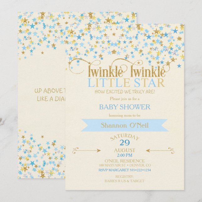 Twinkle Little Star Gold & Baby Blue Gold Invitation (Front/Back)
