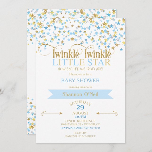Twinkle Little Star Gold & Baby Blue Invitation (Front/Back)