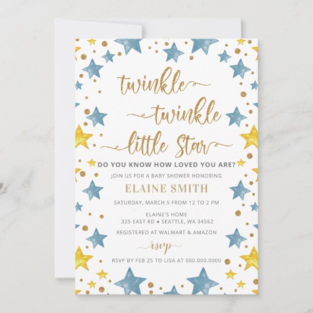 Twinkle little Star Gold Blue Boy Baby Shower  Invitation (Front)