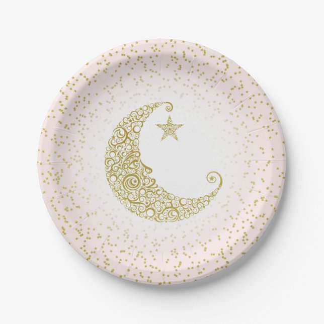 Twinkle Little Star Gold Moon Pink Paper Plate (Front)