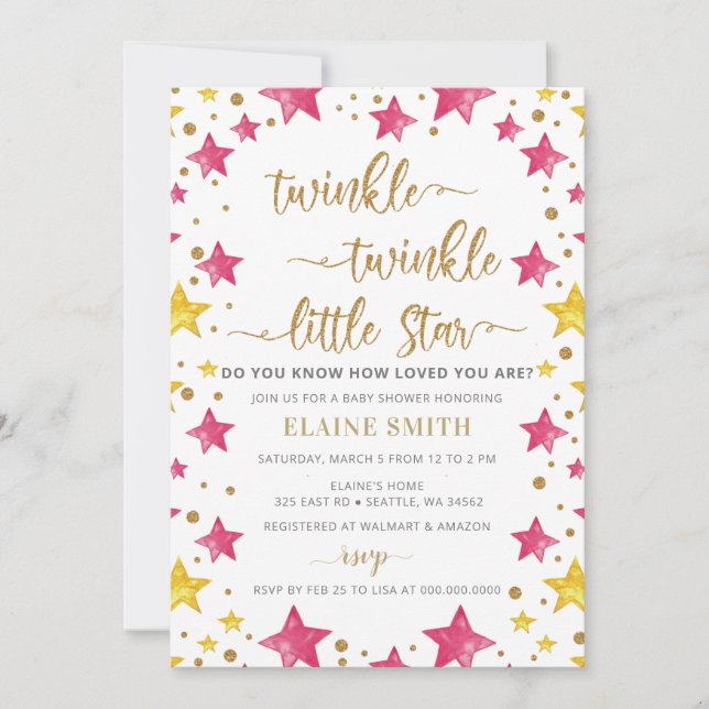 Twinkle little Star Gold Pink Girl Baby Shower Invitation (Front)