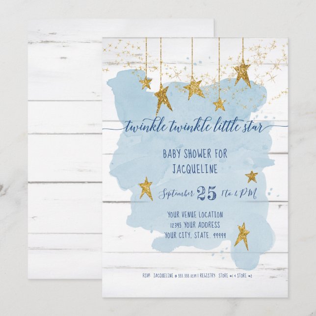 Twinkle Little Star Gold Wood Boy Baby Shower Invitation (Front/Back)