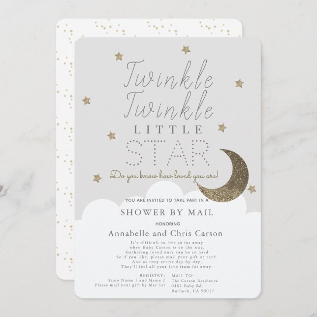 Twinkle Little Star Grey Baby Shower by Mail Invitation (Front/Back)