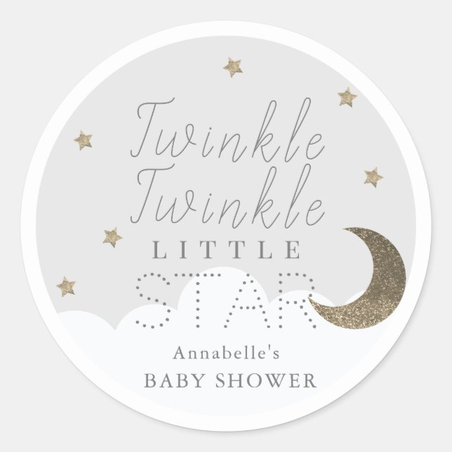 Twinkle Little Star Grey Baby Shower Classic Round Sticker (Front)