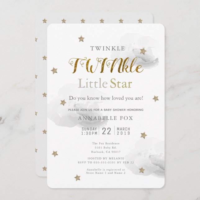 Twinkle Little Star & Grey Cloud Twin Baby Shower Invitation (Front/Back)