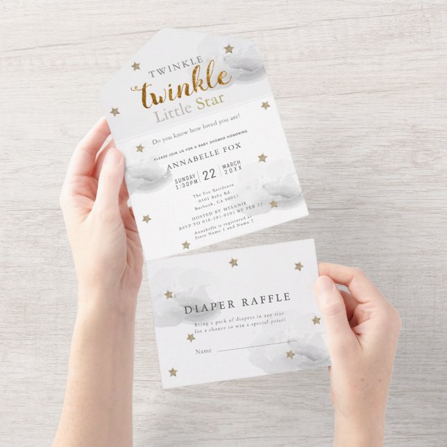 Twinkle Little Star Grey Diaper Baby Shower All In One Invitation (Tearaway)