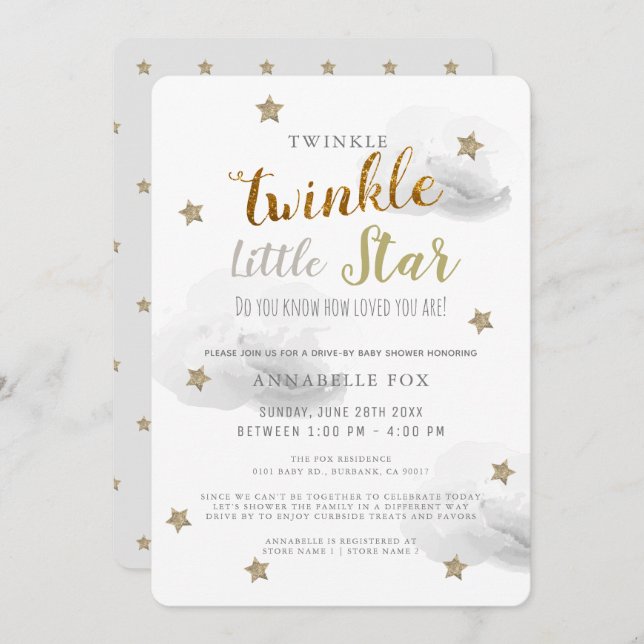Twinkle Little Star Grey Drive-by Baby Shower Invitation (Front/Back)