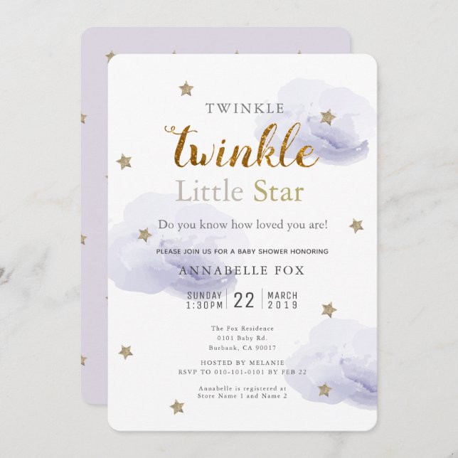 Twinkle Little Star Lavender Baby Shower Invitation (Front/Back)