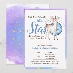 Twinkle Little Star Little Deer Blue Gold Modern Invitation