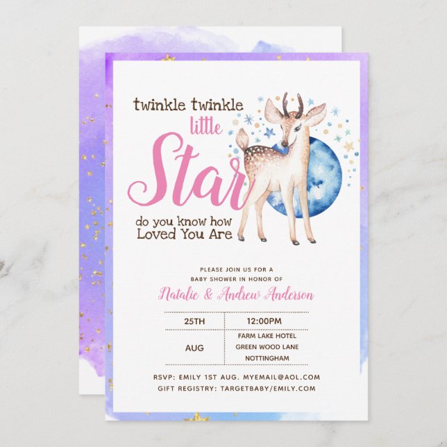 Twinkle Little Star Little Deer Pink Gold Modern Invitation (Front/Back)