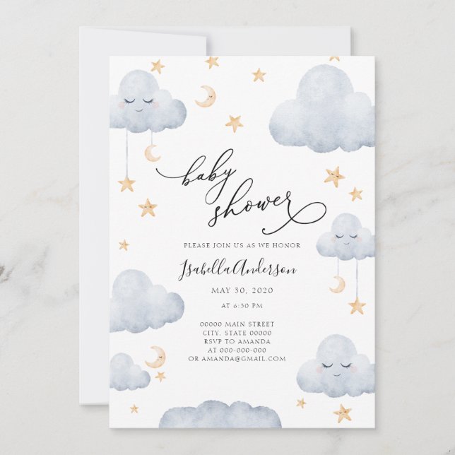 Twinkle Little Star Moon Blue Yellow Baby Shower Invitation (Front)