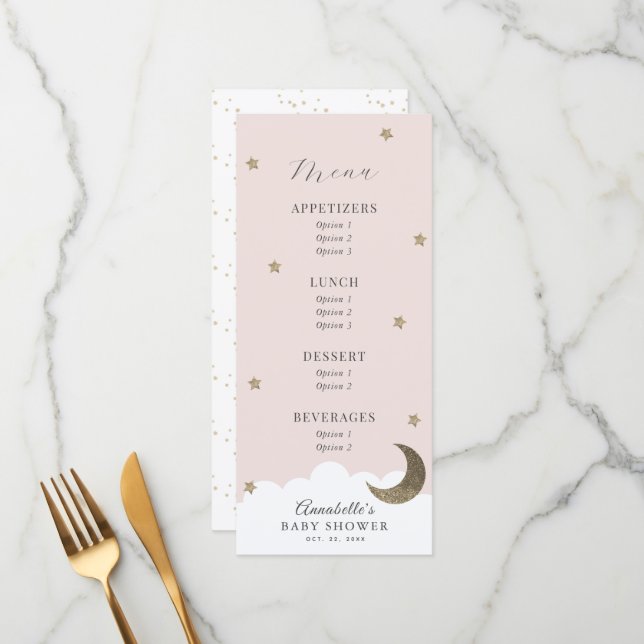 Twinkle Little Star Moon Pink Baby Shower Menu (Front/Back In Situ)