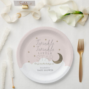 Twinkle Little Star Moon Pink Baby Shower Paper Plate