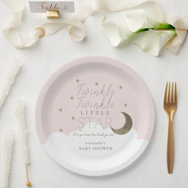 Twinkle Little Star Moon Pink Baby Shower Paper Plate (Wedding)