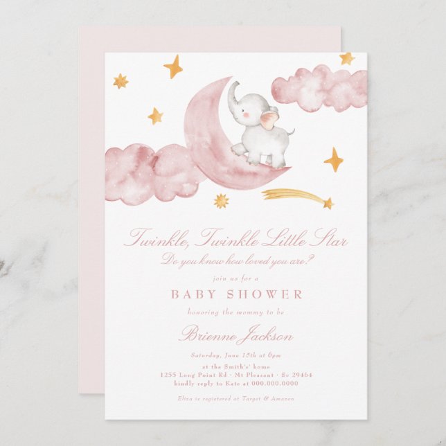 Twinkle Little Star Moon Pink Girl Baby Shower Invitation (Front/Back)