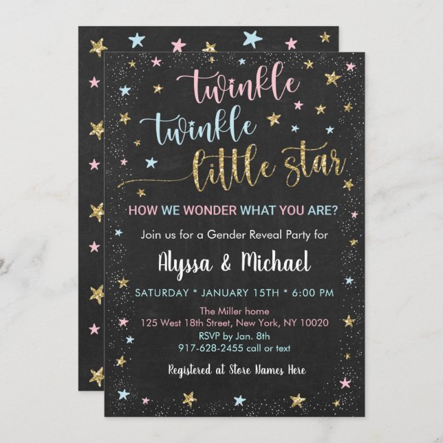 Twinkle Little Star Pink Blue Gold Gender Reveal Invitation (Front/Back)
