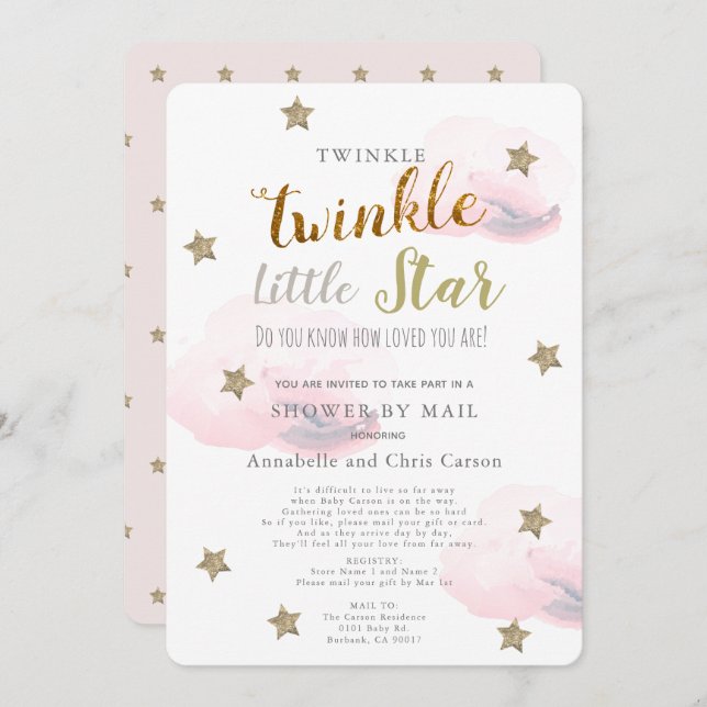 Twinkle Little Star Pink Cloud Baby Shower By Mail Invitation (Front/Back)