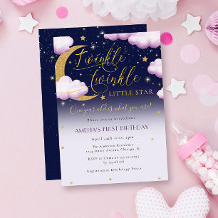 Twinkle Little Star Pink Girl First Birthday Invitation