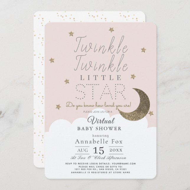 Twinkle Little Star Pink Girl Virtual Baby Shower Invitation (Front/Back)