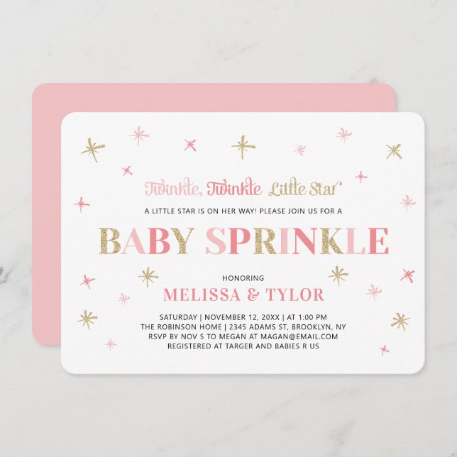 Twinkle Little Star Pink & Gold Baby Sprinkle Invitation (Front/Back)