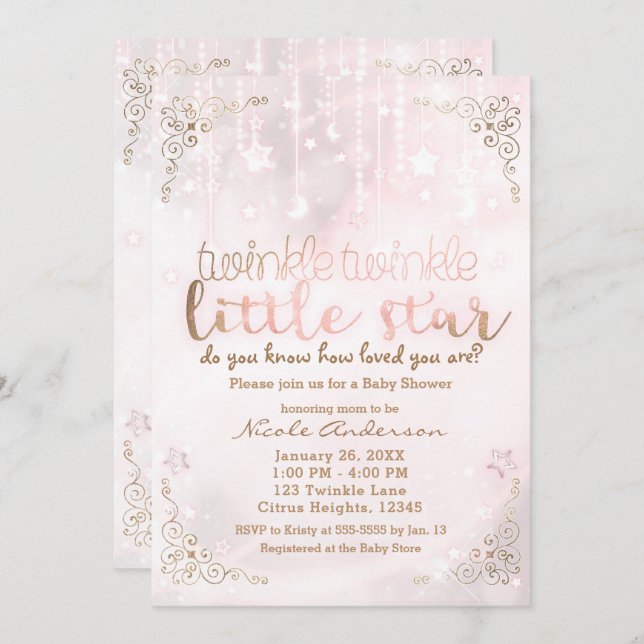 Twinkle little Star Pink Gold Sparkle Baby Shower Invitation (Front/Back)