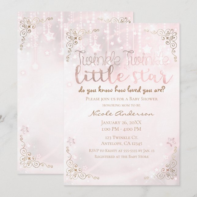 Twinkle little Star Pink Gold Sparkle Baby Shower Invitation (Front/Back)