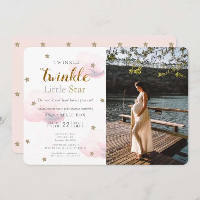 Twinkle Little Star Pink Photo Baby Shower Invitation (Front/Back)