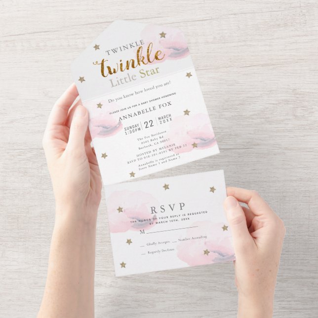 Twinkle Little Star Pink RSVP Baby Shower All In One Invitation (Tearaway)