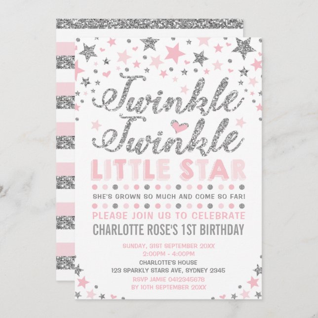 Twinkle Little Star Pink Silver Birthday Invite (Front/Back)