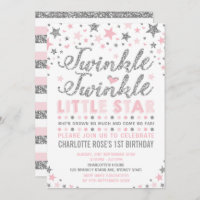 Twinkle Little Star Pink Silver Birthday Invite