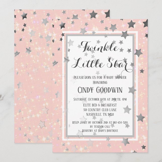 Twinkle Little Star Pink Silver Stars Baby Shower Invitation (Front/Back)