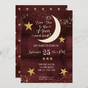 Twinkle Little Star Red Burgundy Moon Baby Shower Invitation