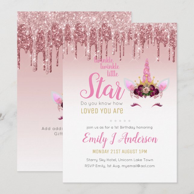 Twinkle Little Star Rose Gold Pink Unicorn Glitter Invitation (Front/Back)