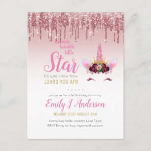Twinkle Little Star Rose Gold Pink Unicorn Glitter Postcard