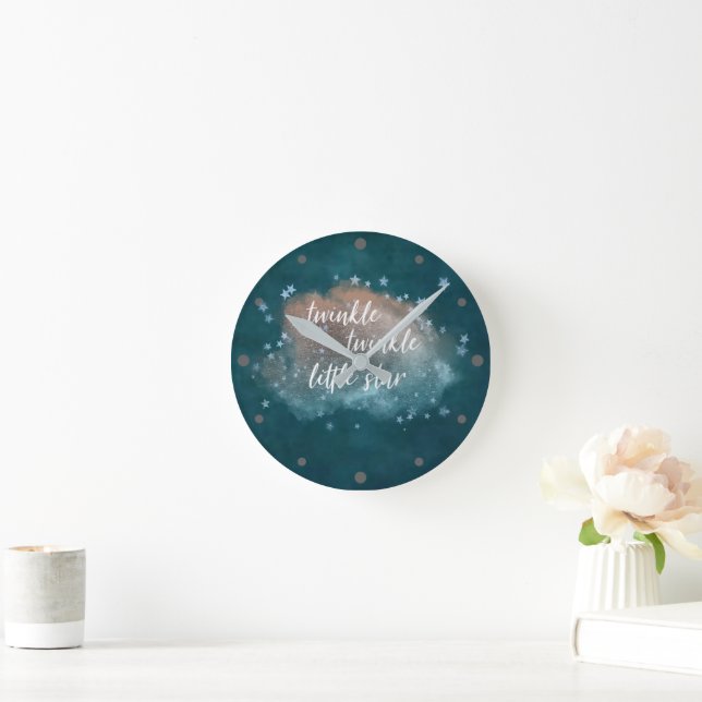 Twinkle Little Star | Teal Green and Taupe Brown Round Clock (Home)