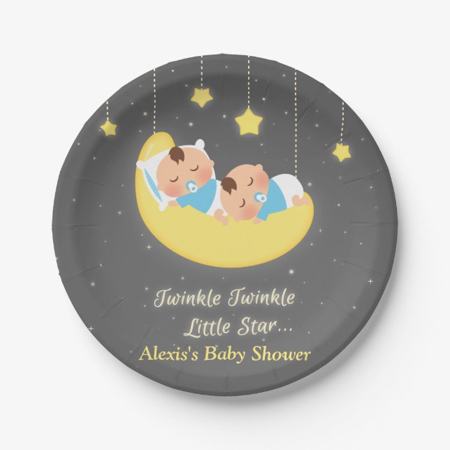 Twinkle Little Star Twin Baby Boys Party Plates (Front)