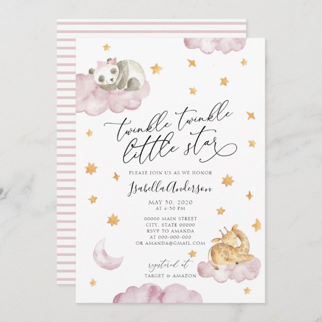 Twinkle Little Star Yellow Pink Girl Baby Shower Invitation (Front/Back)