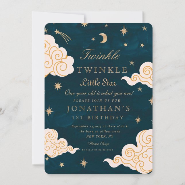 Twinkle Little Stars Cute Moon 1st Birthday Invitation (Front)