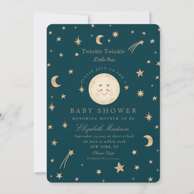Twinkle Little Stars Cute Moon  Baby Shower  Invitation (Front)