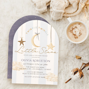 Twinkle Little Stars Grey Stripes Twin Baby Shower Invitation