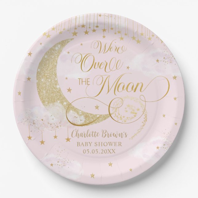Twinkle Little Stars Moon Pastel Pink Baby Shower Paper Plate (Front)