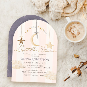 Twinkle Little Stars Pink Stripes Twin Baby Shower Invitation