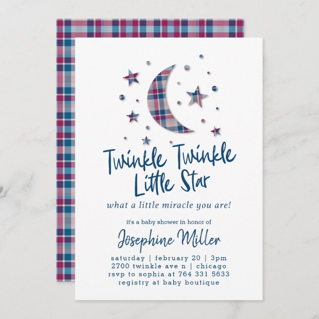 Twinkle Little Stars Plaid Baby Shower Invitation (Front/Back)