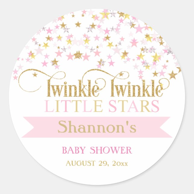 Twinkle Little Stars Twins Baby Shower Pink Gold Classic Round Sticker (Front)