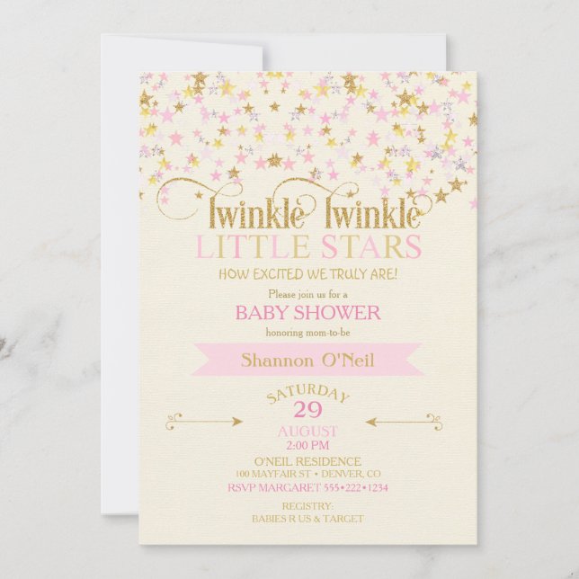 Twinkle Little Stars Twins Baby Shower Pink Gold Invitation (Front)