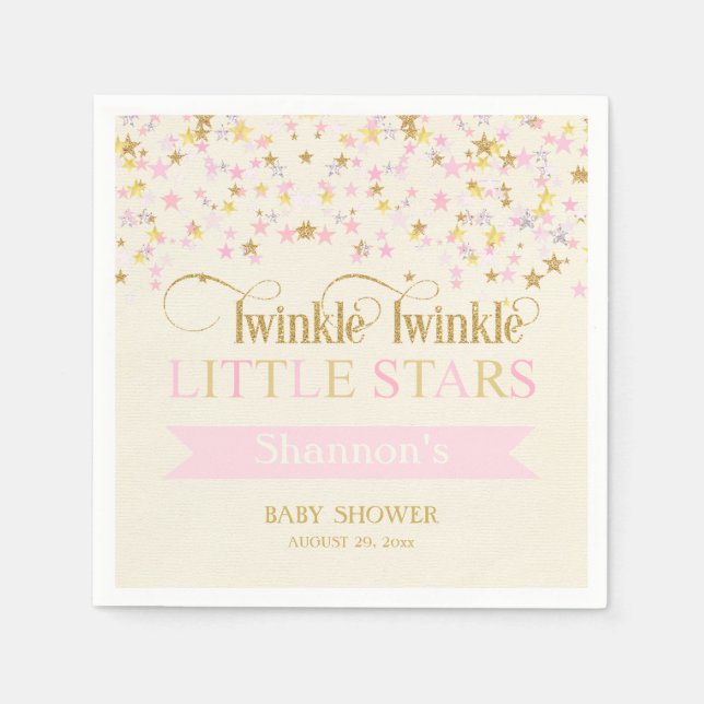 Twinkle Little Stars Twins Baby Shower Pink Gold Napkin (Front)