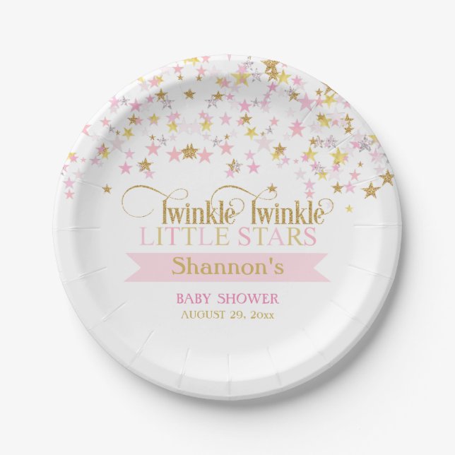 Twinkle Little Stars Twins Baby Shower Pink Gold Paper Plate (Front)