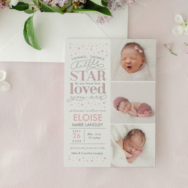 Twinkle Multi Photo Baby Girl Birth Announcement (little girl birth announcement)