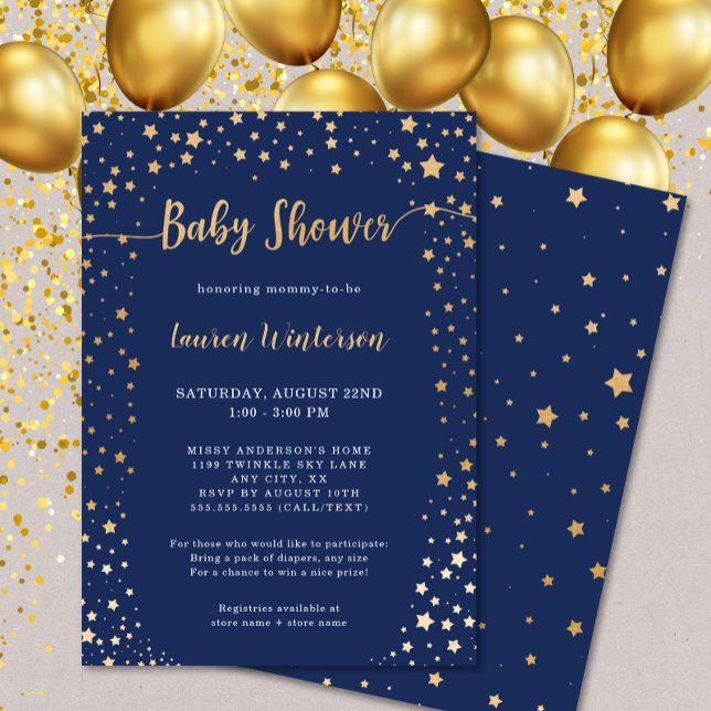 Twinkle Navy Gold Star Baby Shower Invitation (Creator Uploaded)
