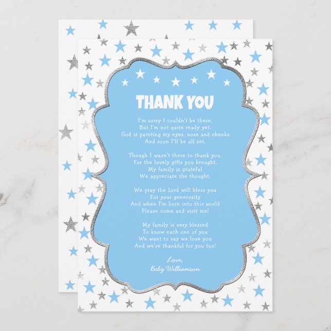 Twinkle silver stars baby blue boy thank you note invitation (Front/Back)